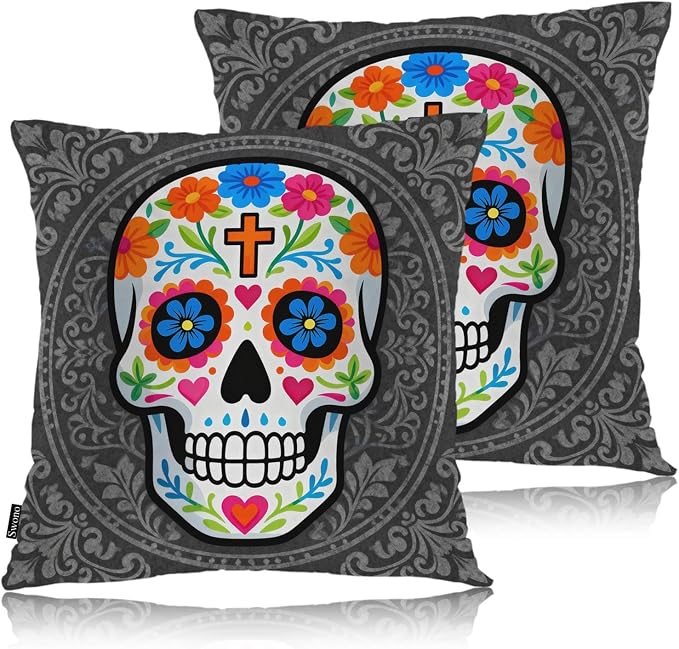 Swono Sugar Skull Set of 2 Square 18x18 Inch Throw Pillow Cover Mexican Day of The Dead Sugar Skull Rose Soft Pillowcases Pillow Cushion Covers for Home Sofa Couch Garden Bench Car Decoration