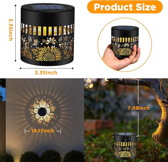 4 Pack Solar Lanterns Outdoor Waterproof, Sunflower Solar Garden Decor Gifts for Women Mom Grandma, Hanging Solar Fence Lights Metal Decorations Outside for Yard, Patio, Backyard, Porch