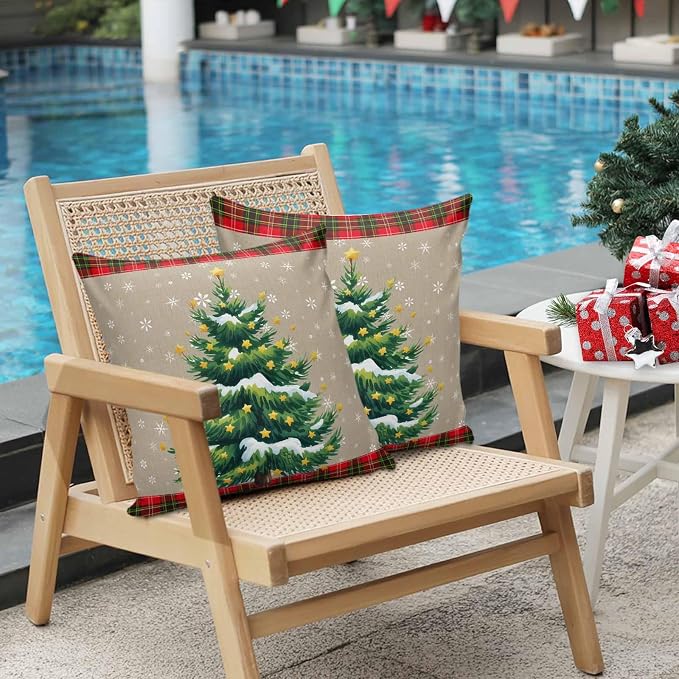 Outdoor Waterproof Throw Pillow Covers, Christmas Trees Winter Snowflake Green Red Tartan Plaid Vintage Burlap Pattern Pillowcases Cushion Covers Cases for Patio Couch Bench, Pack of 2, 20X12 Inch