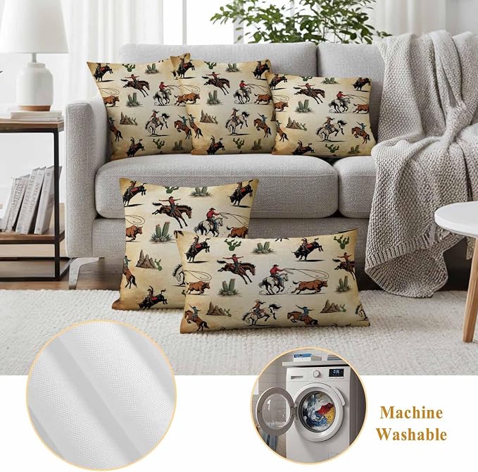 Western Cowboys Outdoor Pillow Covers Waterproof, All Weather Cushion Case Set of 2, Brown Vintage Country Cactus Decorative Pillowcases for Sofa Couch Bed Decor Patio Furniture 18"x18"