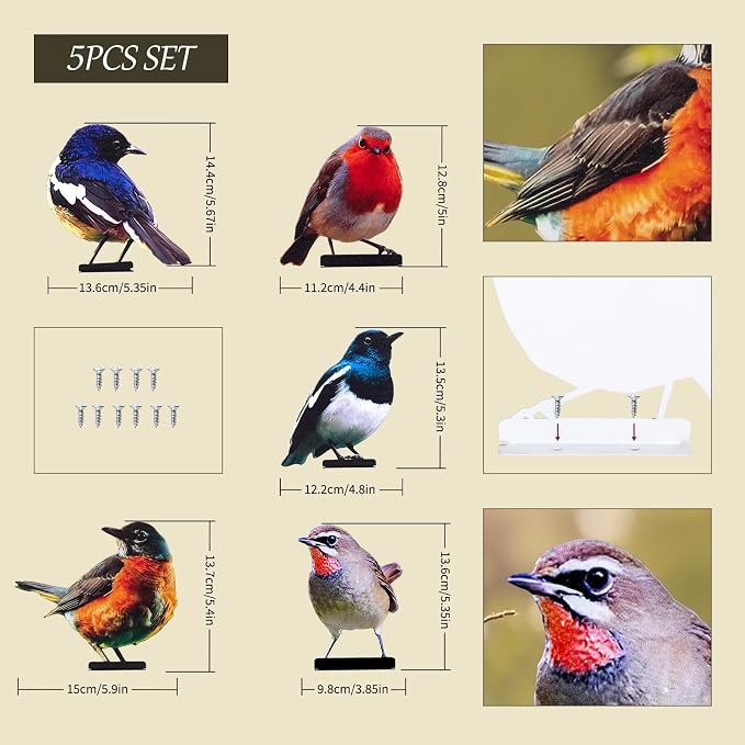 HUYIENO 5PCS Vivid Metal Birds Fence Decor 2D Dual Side Color Painted Outdoor Garden Natural Bird Sculptures for Outdoor Fences, Patio, Garden and Bird Lovers