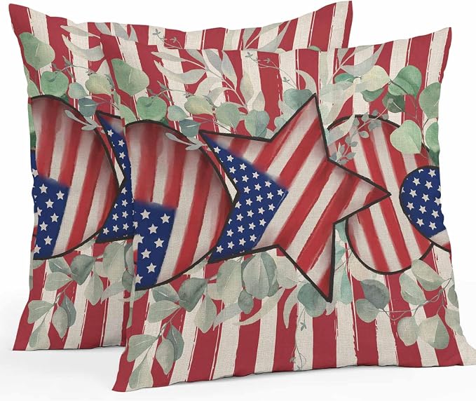 Stars Stripes Flag Waterproof Outdoor Pillow Covers Set of 2 Home Decor, Independence Day Eucalyptus Leaf Pillowcase Patio Pillow Covers for Couch Bench Furniture Garden 26x26in