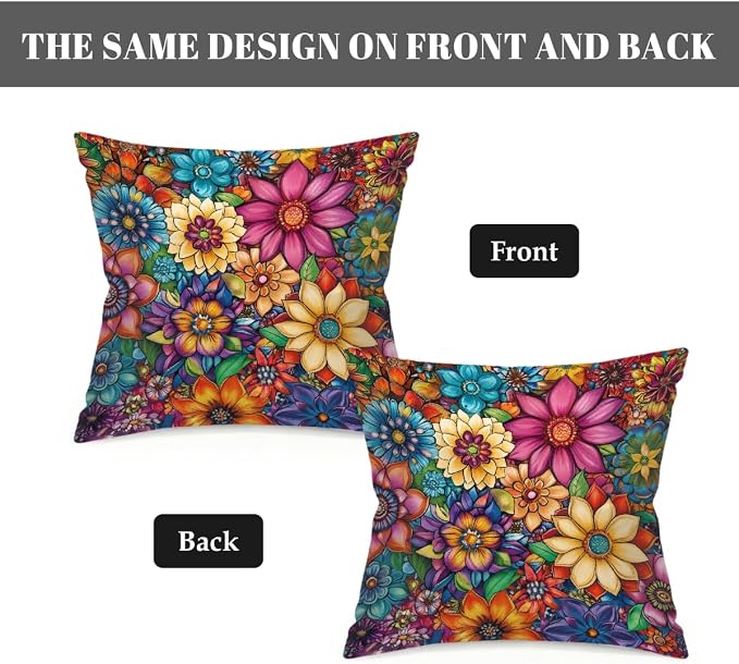 16x16 Inch Outdoor Pillow Covers Set of 2 Waterproof Throw Pillow Covers Decorative Couch Cushion Covers Bright Floral Mandala Square Pillowcases Protectors for Patio Garden Sofa