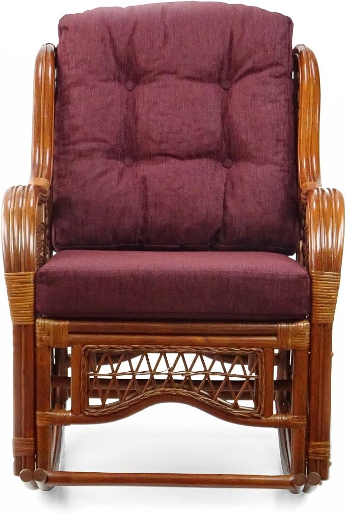 Malibu Handmade Natural Rattan Living Room Set of 2 Rocking Lounge Chairs and Round Coffee Table with Glass, Colonial Color, Dark Brown Cushions
