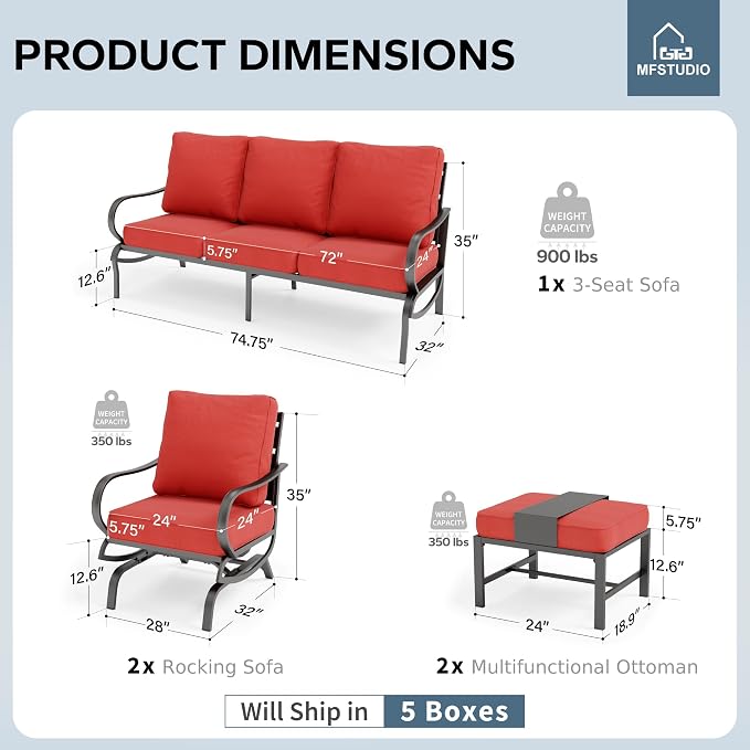 MFSTUDIO 5 Pieces Patio Conversation Sets, Metal Outdoor Furniture Sofas with 1 x 3-Seat Sofa, 2 x Rocking Chairs, 2 x Ottomans, Steel Frame with Burgundy Red Cushion for Patio Garden