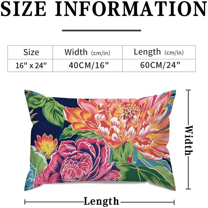 Floral Bright and Cheery Chinoiserie Lumbar Throw Pillow Cover Pink Coral Peony on Navy Throw Pillow Cover Abstract Modern Decorative Pillow Covers for Home Indoor Sofa Couch Decor 16x24in