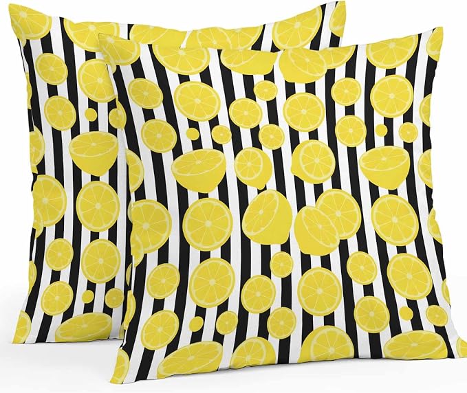 Vandarllin Outdoor Throw Pillows Covers 18x18 inch Set of 2 Waterproof Yellow Lemon Decorative Zippered Cushion Covers for Patio Furniture, Summer Fruit Black Stripes Lumbar Pillowcases