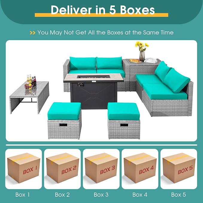 Tangkula 9 PCS Patio Furniture Set with 42” 60,000 BTU Fire Pit, Outdoor Space-Saving Sectional Sofa Set with Storage Box, Waterproof Covers Included