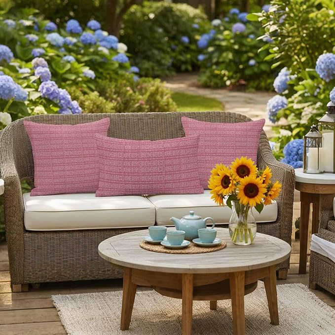 Outdoor Waterproof Throw Pillow Covers Set of 2 Pink Stripes Grain Pillowcases 24x24 Inches Solid Color Decorative Pillows Cushion Case Patio Pillows for Couch Bed Chair Garden