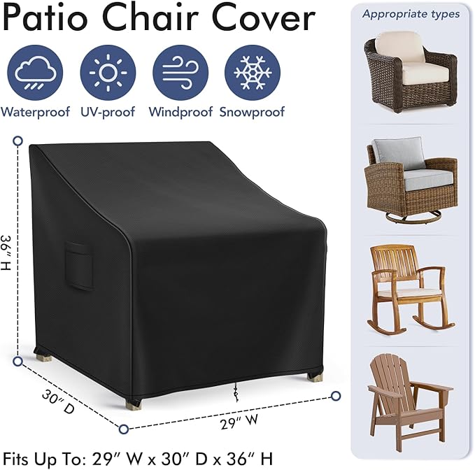 Richwon Patio Furniture Covers Waterproof for Chairs, Lawn Outdoor Chair Covers 2 Pack, Patio Chair Covers for Outdoor Furniture Fits up to 29W x 30D x 36H inches, Black