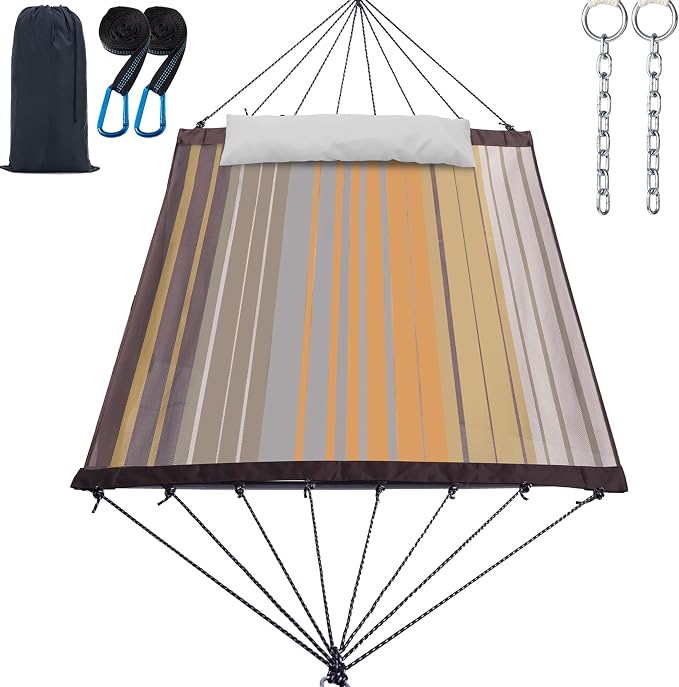 GAFETE 14ft 2 Person Hammock for Outside, Quick Dry Textilene, Portable Hammocks Without Stand with Folding Steel Spreader Bar, Carrying Bag, Tree Straps, Pillow & Sidebag, 550 lbs Capacity (Coffee)