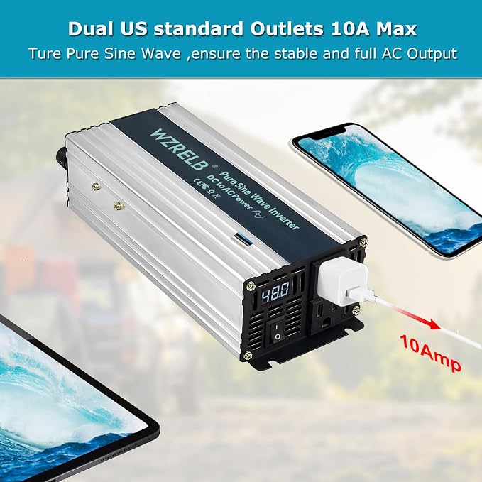WZRELB 1200W Pure Sine Wave Inverter 48V DC to 110V 120V AC Power Converter with LED Display, Remote Controller, Off-Grid Power Inverter 2400W Surge for Home, RV, Truck, Camping