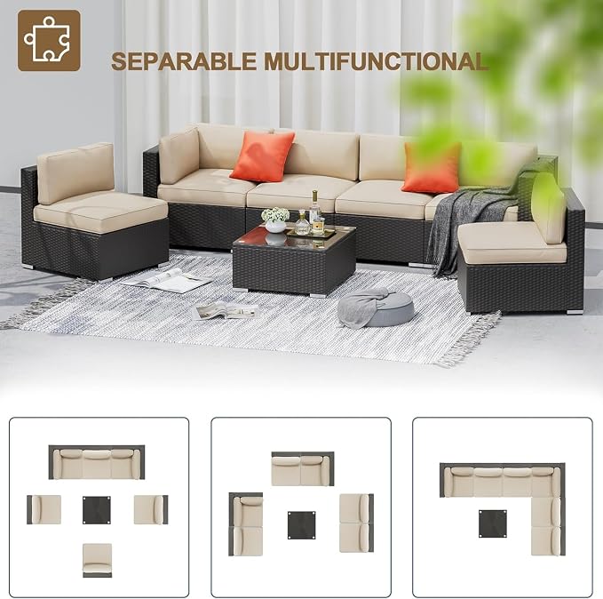 7 Piece Outdoor Sectional Sofa Patio Furniture Set Wicker with Cushions and Coffee Table, Outdoor Conversation Set for Backyard Garden Deck Lounge(Beige)