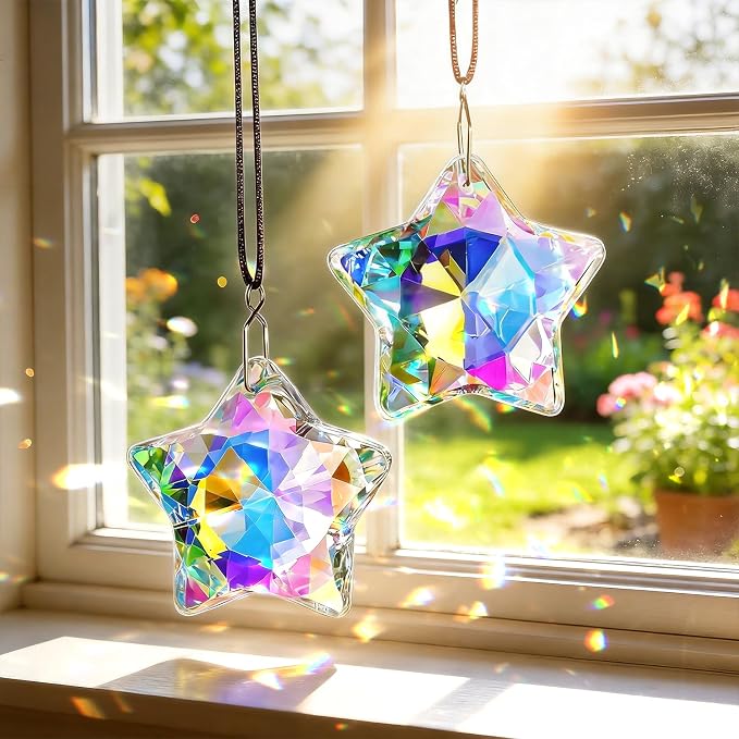 2 Pcs 2 Inch AB Crystal Star Prism Suncatcher Window Hanging Decor | Handmade AB Coating Crystal Star Prism Suncatcher Rainbow Pendants Set of 2 for Window Garden Home Office Christmas Decor