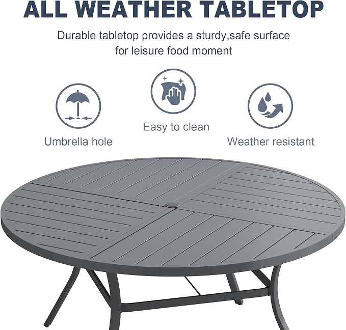 VICLLAX Patio 7 Pieces Outdoor Dining Set, 50" Round Metal Table with Umbrella Hole and 6 Swivel Textilene Chairs for Lawn, Garden, Porch,Dark Grey/Grey