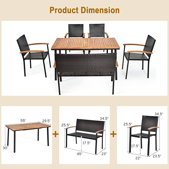 Tangkula 6 Piece Patio Dining Set, Outdoor Acacia Wood Dining Furniture w/Acacia Wood Table Top, Modern Conversation Set w/ 4 Rattan Chairs & 1 Rattan Bench for Backyard Garden Poolside Lawn