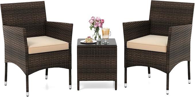 RELAX4LIFE 3-Piece Patio Furniture Set - Rattan Wicker Outdoor Conversation Set w/Cushions & Glass Coffee Table, Balcony Furniture for Porch Garden Backyard, Bistro Table and Chairs Set of 2 (Beige)