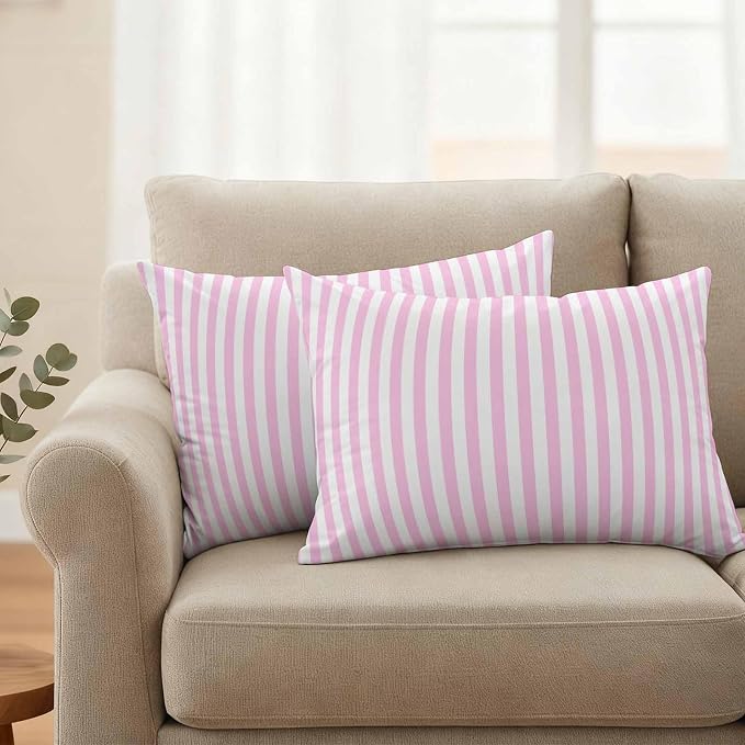 Lumbar Pillow Covers 20x12 Inch Set of 2, Pink White Stripe Waterproof Outdoor Cushion Covers, Modern Minimalist Geometric Striped Decorative Pillowcases for Couch, Sofa, Bed, Garden, Patio