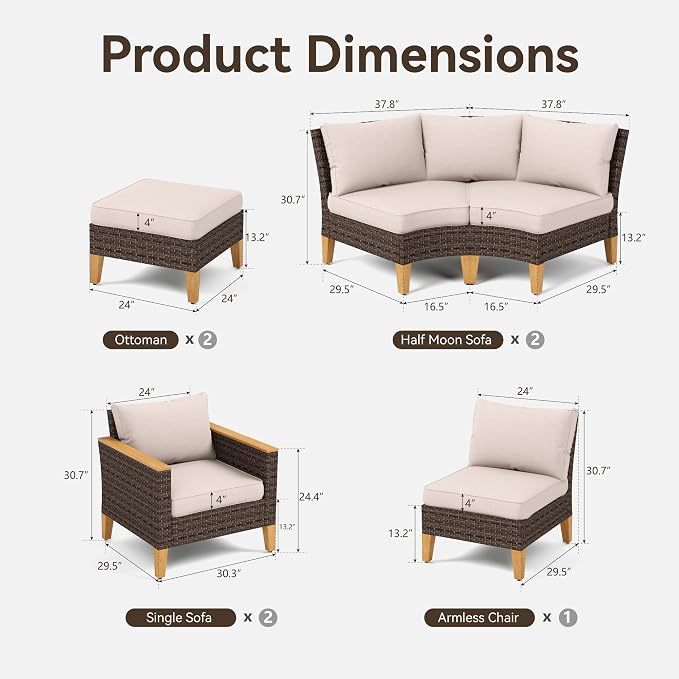 GREEN PARTY 9 Pieces Wicker Patio Furniture Set, All-Weather Outdoor Rattan Half-Moon Curved Patio Sectional Sofa Conversation Set 9 Seats for Garden, Backyard, 2 x Ottomans