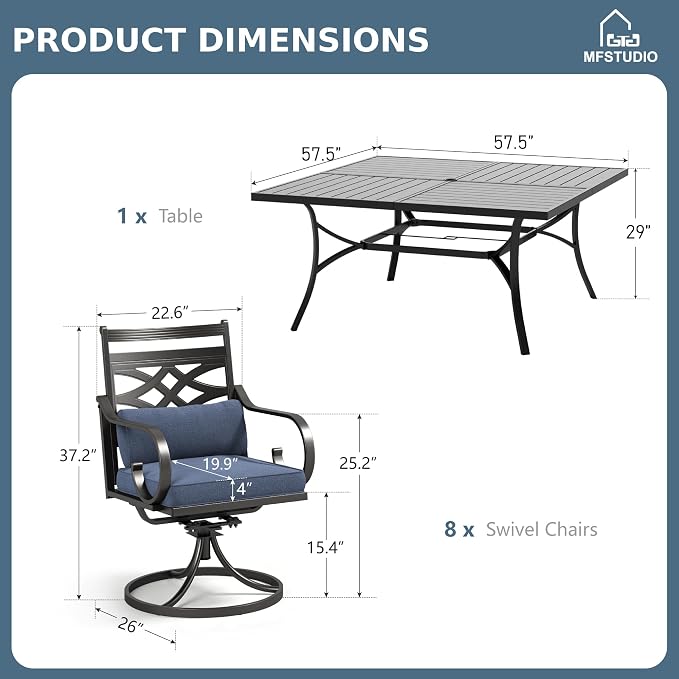 MFSTUDIO 9-Piece Patio Dining Set, 57.5" Square Metal Table, Swivel Chairs | Umbrella Hole, Blue