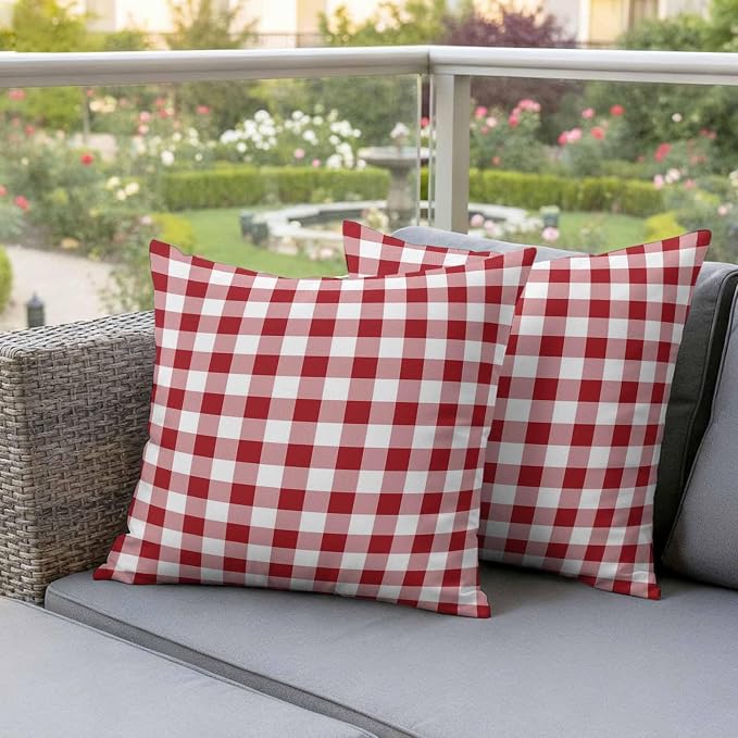 Outdoor Throw Pillow Covers,Red Pink and White Plaid Waterproof Decorative Pillowcases Cushion Cover Pastoral Farm Style Pillow Cases for Patio Couch Sofa Bed,16x16in Set of 2