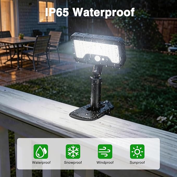 iMaihom Clip On Solar Lights Outdoor with Motion Sensor, 92 LED 600LM Solar Fence Lights, Warm/Neutral/Cool White, 360° Adjustable, IP65 Waterproof Security Light for Deck, Gutter, Porch (4, Black)