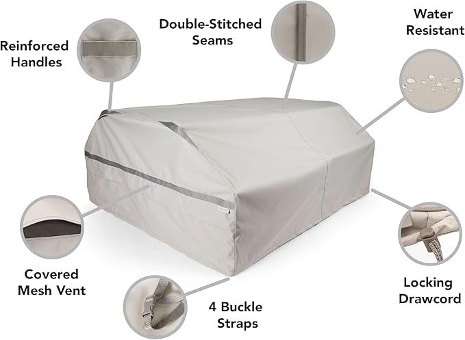 Covermates Prestige Picnic Table Cover – All-Weather Outdoor Furniture Protection, Water-Resistant Polyester with Mesh Vents, Secure Drawcord & Buckle Straps, 76W x 62D x 32H, Stone