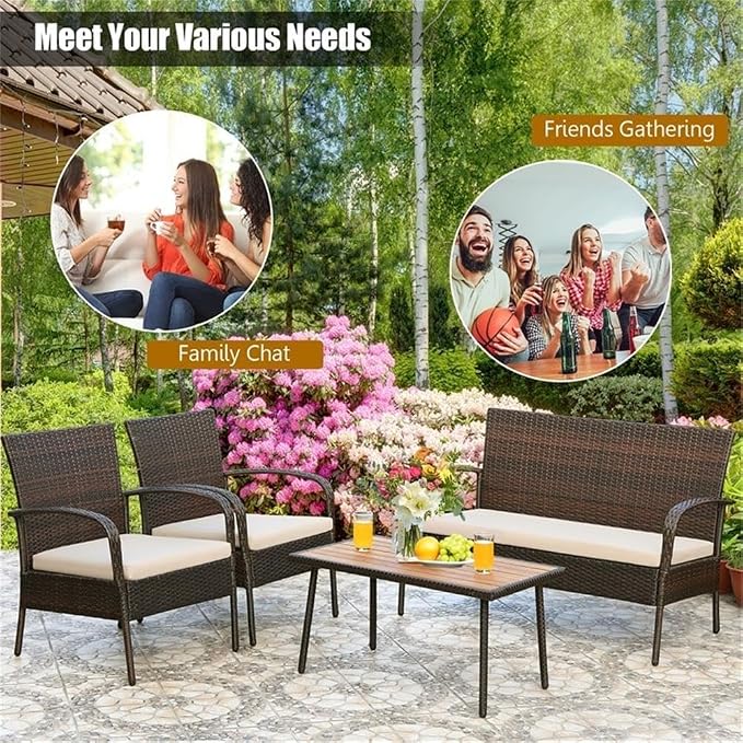 Pemberly Row 4-Piece Patio Rattan Furniture Conversation Set, Brown PE Wicker and Steel Frame, Acacia Wood Table, Ergonomic Design with Cushions, Indoor or Outdoor Seating for Garden or Patio Use