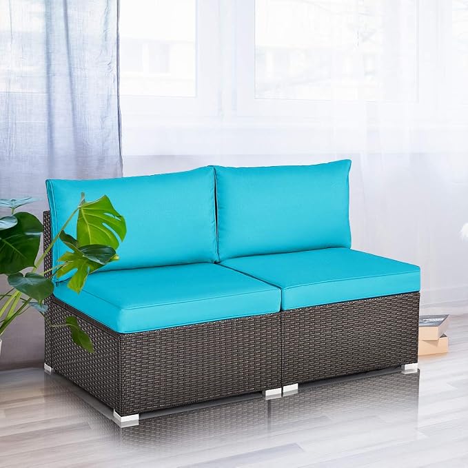 COSTWAY 2PCS PE Rattan Armless Sofa, Wicker Patio Conversation Set Chairs with Soft Cushion, Outdoor Sectional Furniture for Yard, Poolside (Turquoise)