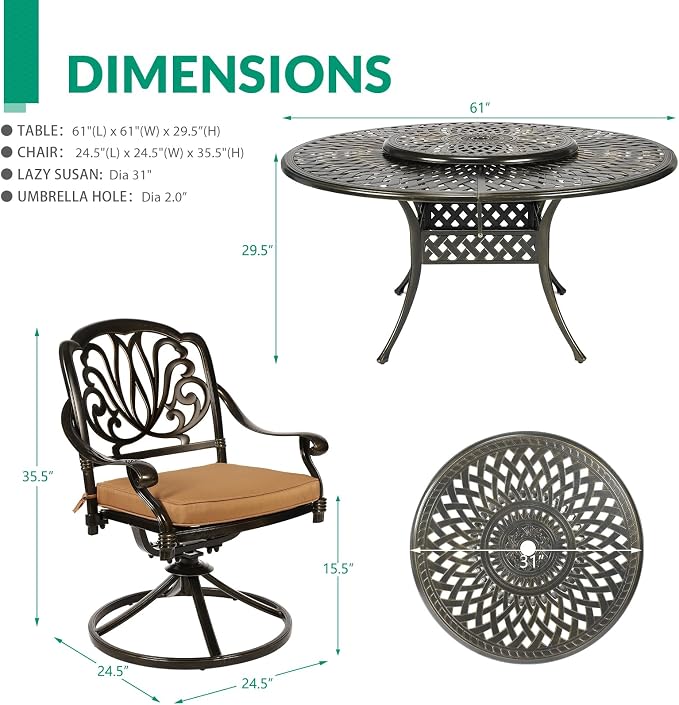 VIVIJASON 9-Piece Patio Furniture Dining Set, Rust-Free Cast Aluminum Outdoor Conversation Set, Include 8 Swivel Dining Chairs & 61" Round Dining Table with 31" Lazy Susan, Umbrella Hole, Khaki