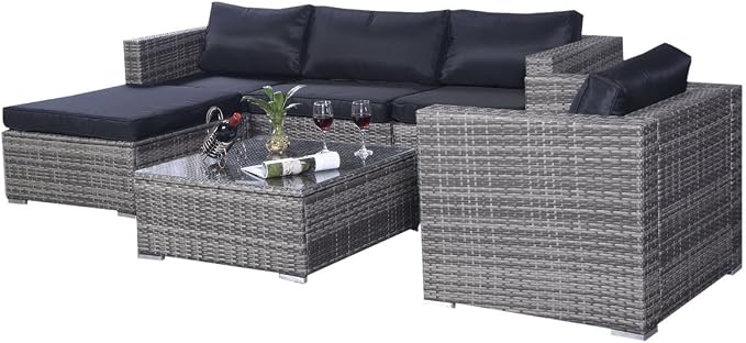 Tangkula Patio Furniture Set 6 Piece Outdoor Lawn Backyard Poolside All Weather PE Wicker Rattan Steel Frame Sectional Cushioned Seat Sofa Conversation Set (Gradient Gray with Black Cushion Cover)