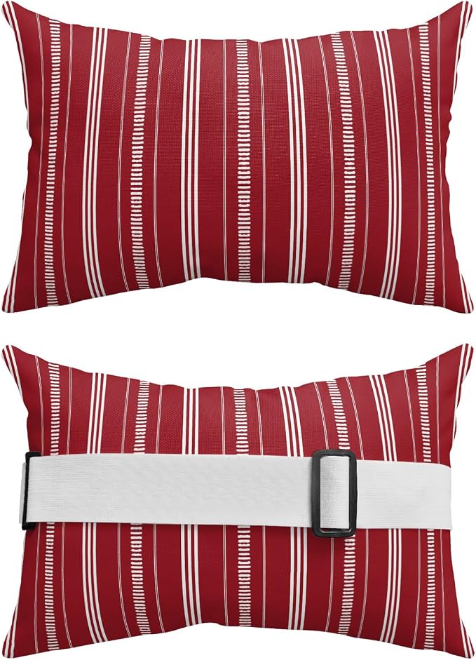 Outdoor Lumbar Pillow 12x20 Inch, Boho Red Waterproof Throw Pillow Covers with Insert, Minimalist Farmhouse Striped Decorative Headrest Pillows for Office Car Travel