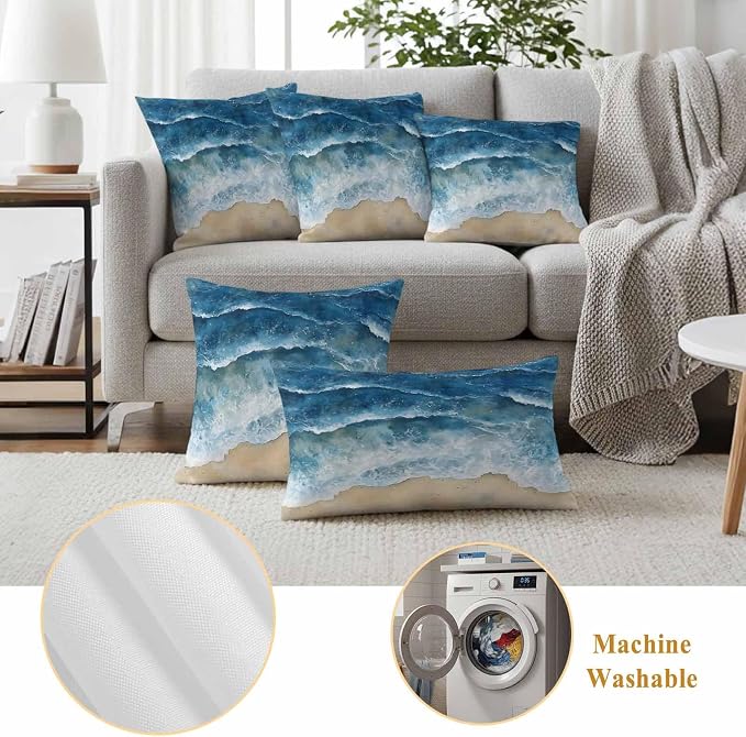 Abstract Waves Outdoor Waterproof Throw Pillow Covers Set of 2, 20"x12", Blue Ocean Spray Beach Watercolor Decorative Pillow Covers Outside Cushion Case for Patio Porch Garden