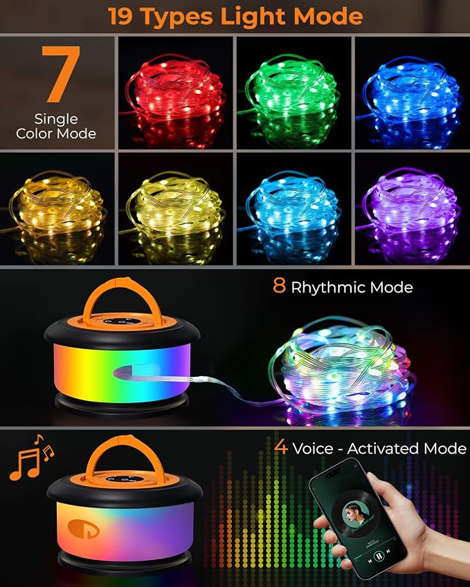 Camping String Lights, Retractable 32.8FT Rechargeable Fairy Light | Quick Storage RGB Flash Lamp Outdoor Waterproof, Portable Hanging Lantern for Outside Tent Patio Awning Garden RV Essentials