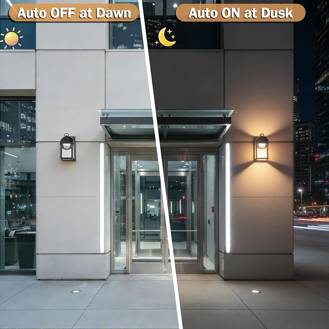 Outdoor Wall Light Fixture Dusk to Dawn, Rustproof Aluminum, LED | Exterior Porch Light Wall Sconce Lantern for House, Patio, Garage, Waterproof, Glass, 9.5W 800 Lumen, 3000K, Black, 1 Pack