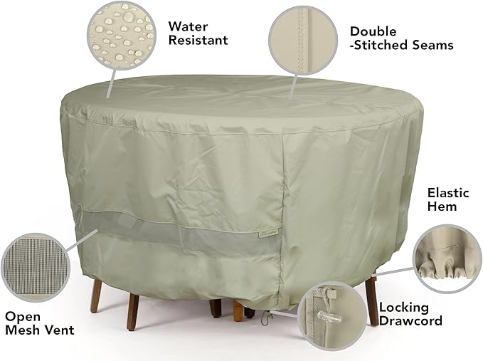 Covermates Elite Outdoor Round Dining Table & Chair Set Cover – All-Weather Water-Resistant Polyester, Mesh Ventilation, Adjustable Drawcord & Buckle Straps for Patio, 72DIAMETER x 30H, Khaki