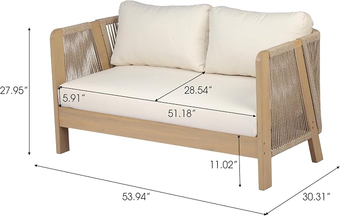 Christopher Knight Home Dalba Acacia Wood Outdoor Loveseat and Coffee Table Set, 3 Piece Patio Furniture Set with Removable Cushion, Solid Wood Outdoor Conversation Set, Light Teak+Beige