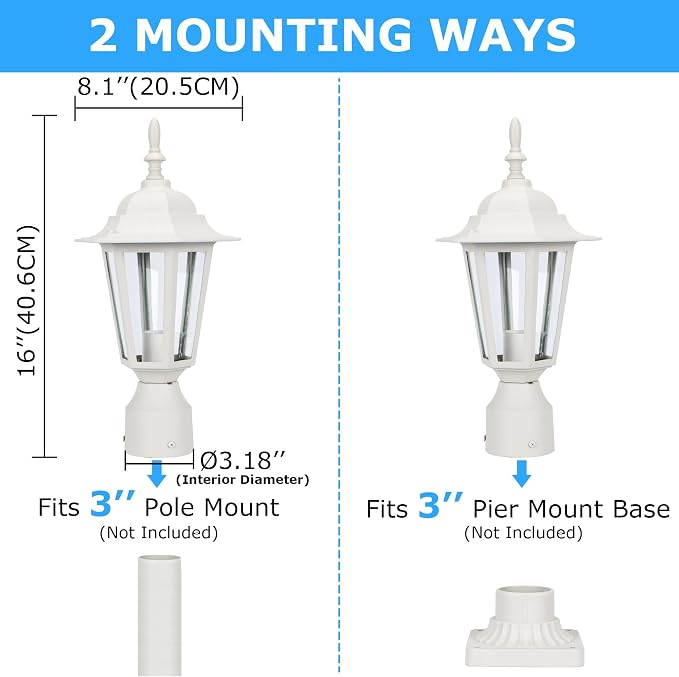Outdoor Post Light, Rustproof Aluminum Pole Lamp, White | Exterior Lamp Post Light Fixture for Garden, Yard, Pathway, Waterproof, Glass, E26 Base, Max 60W, 1 Pack