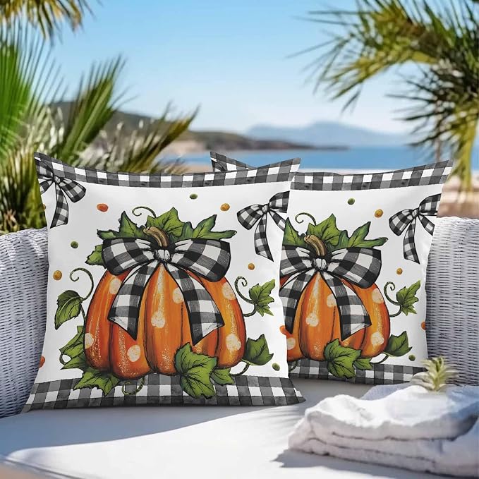 Orange Pumpkins Outdoor Waterproof Pillow Covers, Polka Dot Bow Fall Maple Leaves Plaid Decorative Square Throw Pillowcase Sofa Cushion Sham for Patio/Couch/Chair, 26"x26" 2 Pack