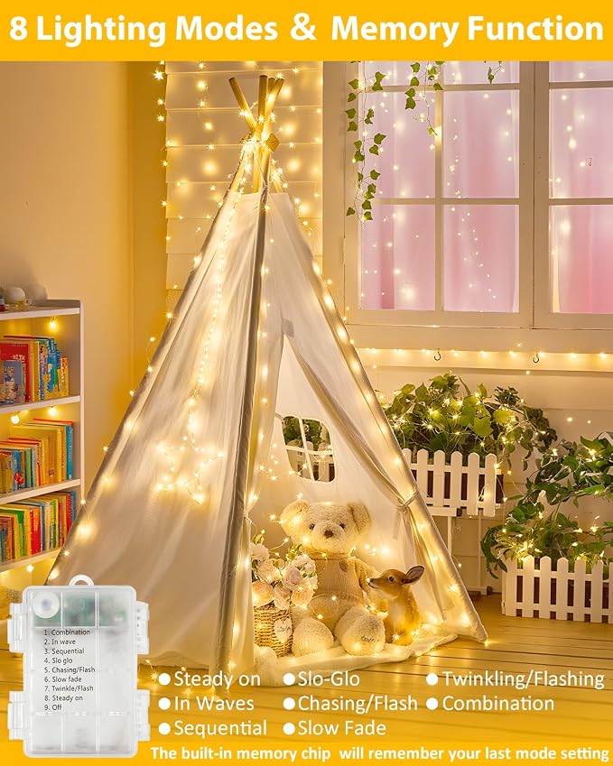 6 Pack 100 LED Fairy Lights Battery Operated with Remote, 33 FT Warm White | Cuttable, 8 Modes, Memory, Dimmable, Waterproof Battery String Lights with Timer for Indoor Outdoor, Christmas Decorations
