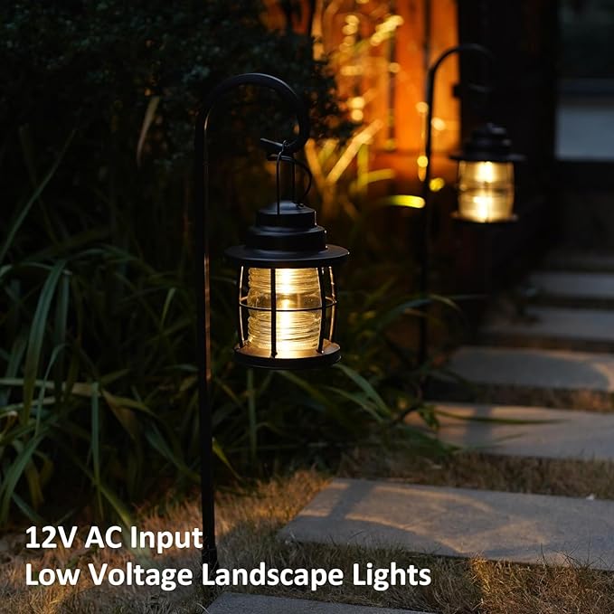 GOODSMANN Low Voltage Pathway Lights 1.1W 12V AC Outdoor Lantern Shaped Path Lights 6PK Metal Landscape Lighting Kit 32 Lumen 2900K Warm White Hardwired Walkway Lights with Connectors and Stakes