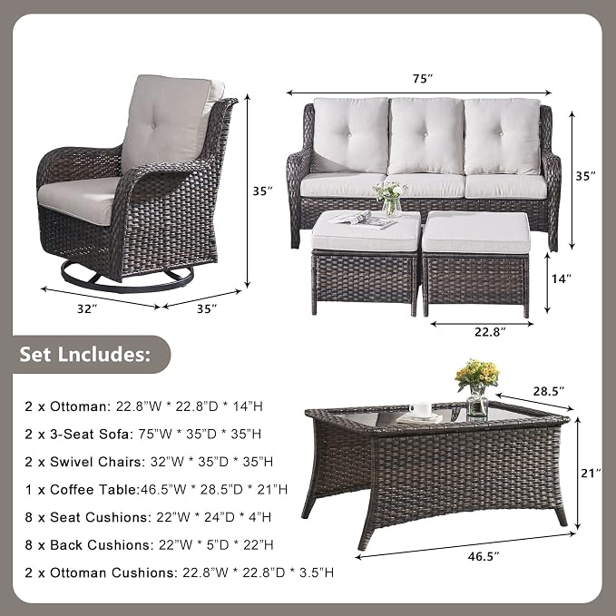 Rilyson Wicker Patio Furniture Set - 7 Piece Rattan Outdoor Sectional Conversation Sets with 2 Rocking Swivel Chairs,2 Ottomans,2 Sofa and 1 Coffee Table for Porch Deck Garden(Brown/Beige)
