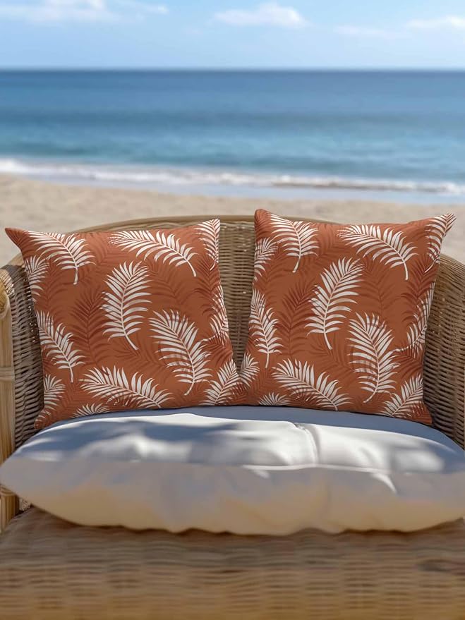 Waterproof Outdoor Pillow Set of 2 Orange Tropical Palm Leaves Decorative Throw Pillows Cover & Insert 16x16 Inch Pillowcase Summer Jungle Foliage Pillows for Couch Sofa Bed Patio Furniture