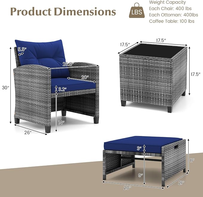 COSTWAY 5-Piece Rattan Conversation Set, Outdoor Wicker Sofa, Tempered Glass Coffee Table & Ottomans for Small Space, Boho Chic Indoor/Outdoor Furniture Set for Poolside, Backyard, Deck (Navy)