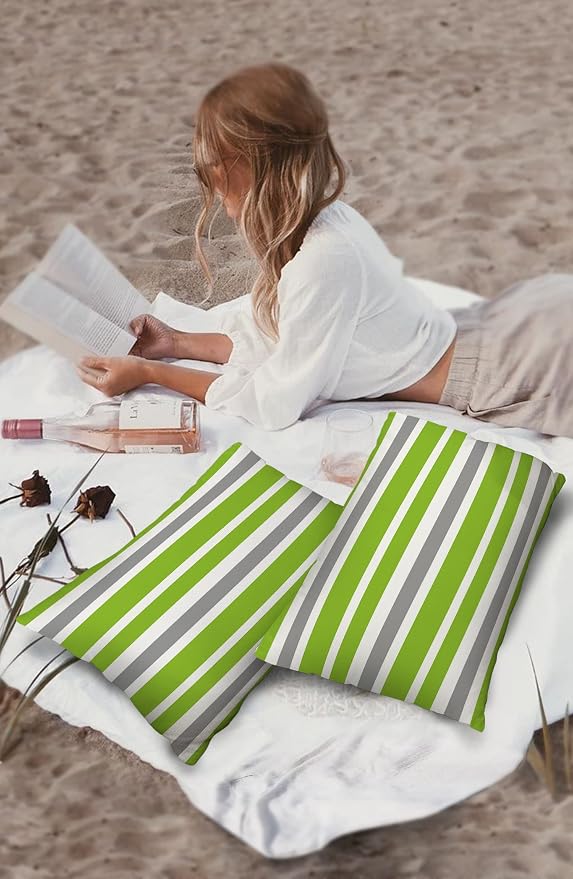 Outdoor Waterproof Pillow Covers for Patio Furniture Green Stripe Decorative Throw Pillow Cover Sage Green Lines Stripes Pillowcases Set of 2 Cushion Case for Sofa Couch Chair Home Decor 20 x 12 Inch