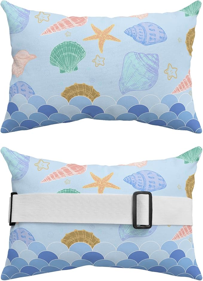 Outdoor Pillows Covers with Inserts Blue Ocean Shell Starfish Mermaid Fish Scales Waterproof Recliner Pillow with Adjustable Strap Throw Pillows for Patio Furniture Pool Lounge Chair, 11x16 inch, 1PCS