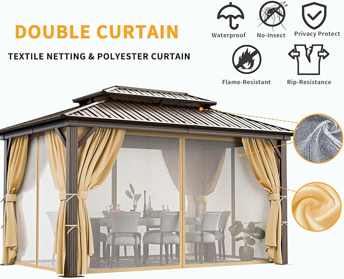 HOTEEL 10x12 Hardtop Gazebo On Clearance with Heavy Duty Galvanized Steel,Outdoor Patio Gazebo with Aluminum Frame & Curtains and Netting, Permanent Pavillon for Backyard, Brown (2026 Upgraded)