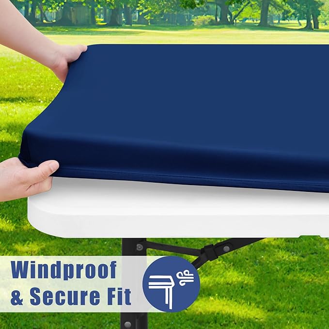 Moosfor Spandex 4 Foot Rectangle Table Cloth 2 Pack, Elastic Fitted Tablecloths for Picnic, Stretch Washable Patio Table Cover for Outdoor, Camping, Banquet and Parties (Navy, 30"x48")