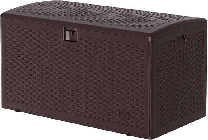 73 Gallon Large Resin Deck Box, Lockable Indoor Outdoor Storage Container for Patio Furniture, Pool Toys & Garden Tools, Waterproof Heavy Duty Deck Box with Seat Capacity - Brown