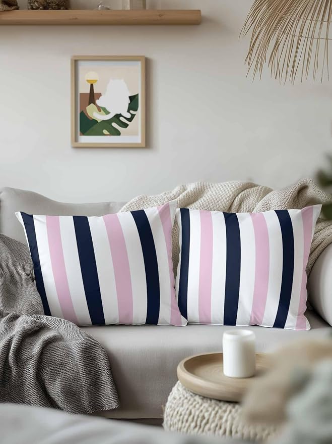 Outdoor Pillows Waterproof, Pink Navy Blue Striped Bedding Throw Pillows with Insert for Couch Sofa Bed, Farmhouse Stripe Art 18x18 Inch Pillowcases Decorative Camping Patio Pillow Set of 2